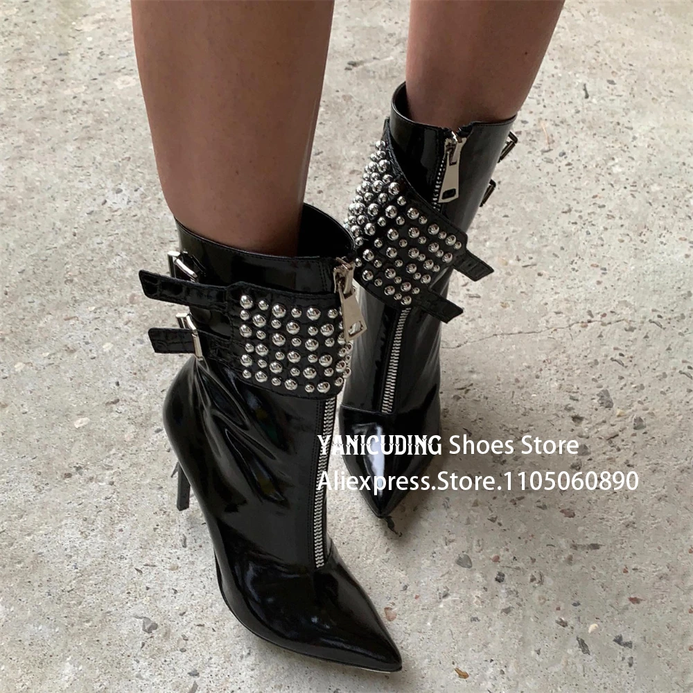 Studded Black PU Patent Leather Booties Punk Style Metallic Buckle Ankle Boots Luxurious Handmade Booties for Women Customizable