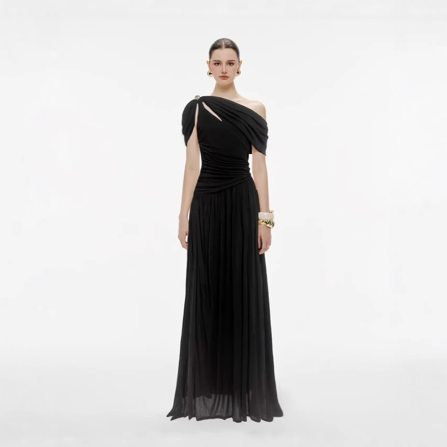 Elegant Ivory Formal Gown Single Cold Shoulder Keyhole Twist Front All Over Crinkle Chiffon Floor Bridal Shower Dress