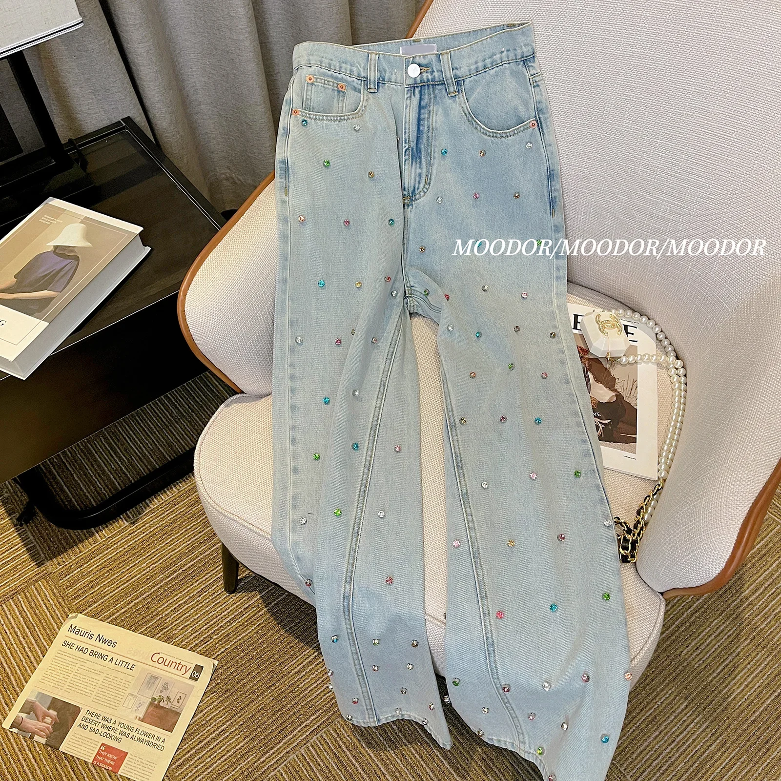 Imagem -06 - Jeans Reto de Cintura Alta Feminino Strass Estrelado Calças Soltas Estilo Americano Retrô Minoritário Alto Grau Elegante Verão