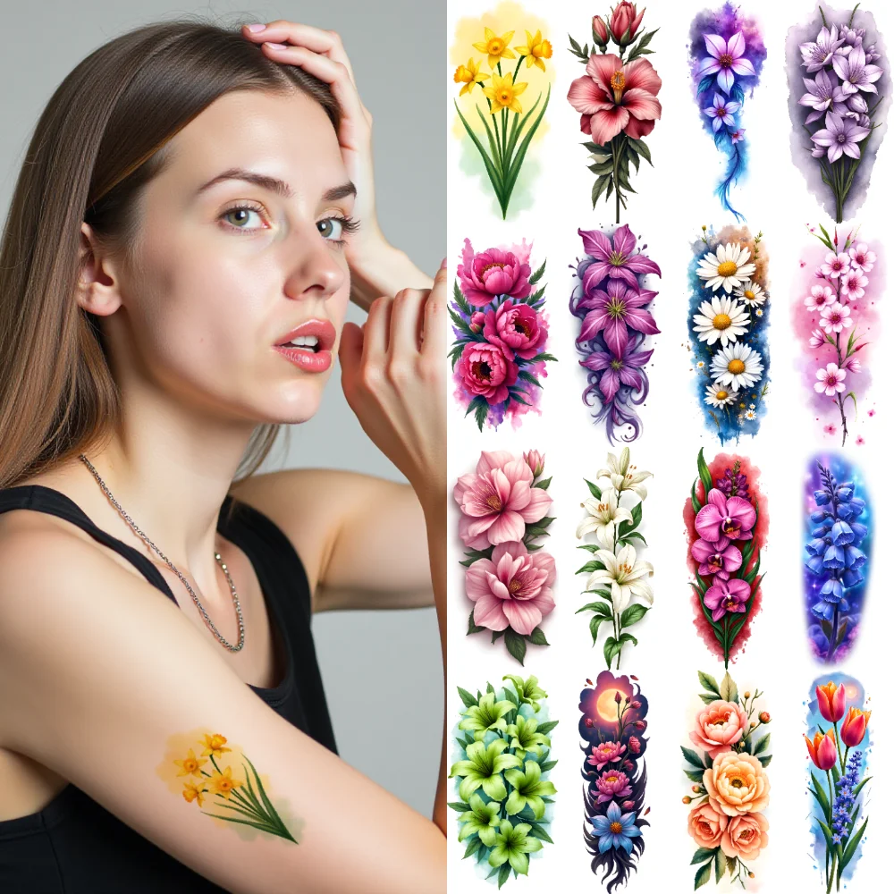 

9pcs Temporary Tattoo Freesias Realistic Temporary Tattoos Iris Daffodils Waterproof Long-lasting Body Stickers Roses For Back