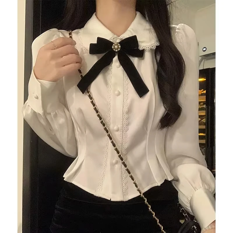 

Korean Bow Shirts Women Sweet Preppy Style Lace Patchwork Blouses White Short Shirts Fashion Versatile Long Sleeve Crop Tops