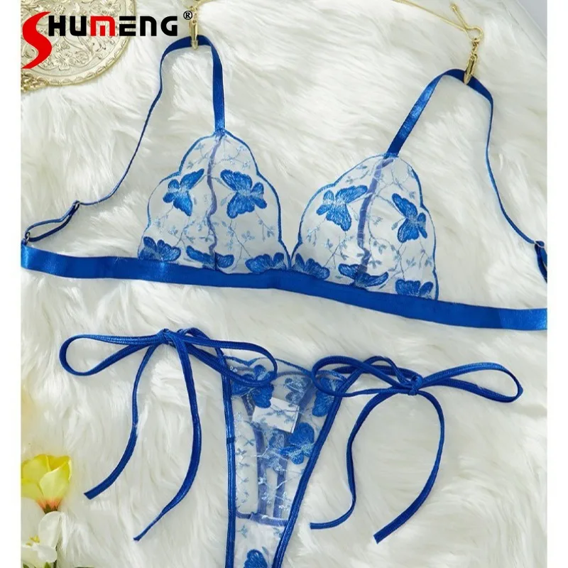 

Embroidery Sexy Underwear Thong Set Women Mesh Lace European American Brief Sets Female Lace See Through Mesh Blue Underwear