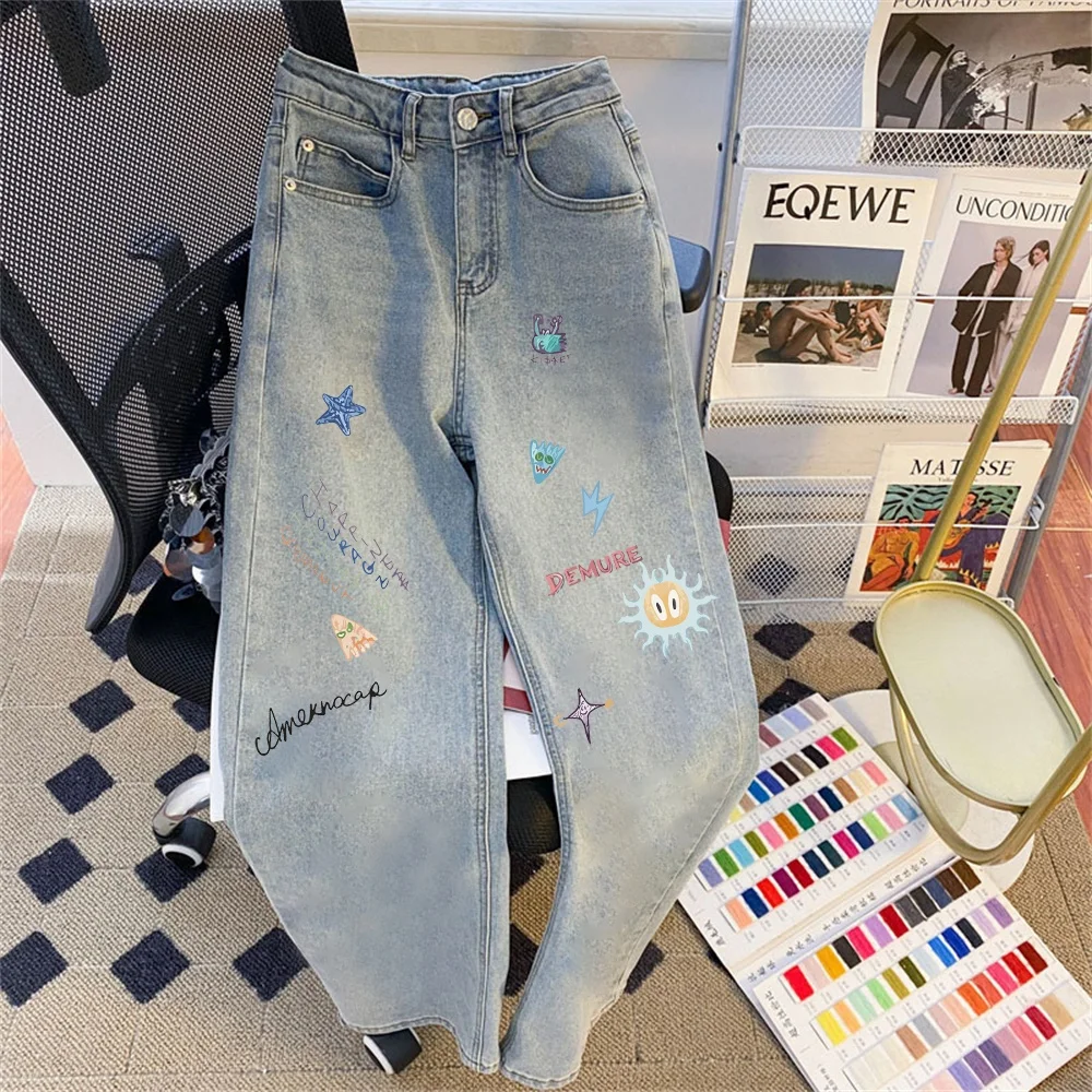 

Retro Graffiti High Waist Wide Leg Jeans Unisex Summer Fashionable Slimming Versatile Denim Pants Youth Casual Loose Fit Jeans