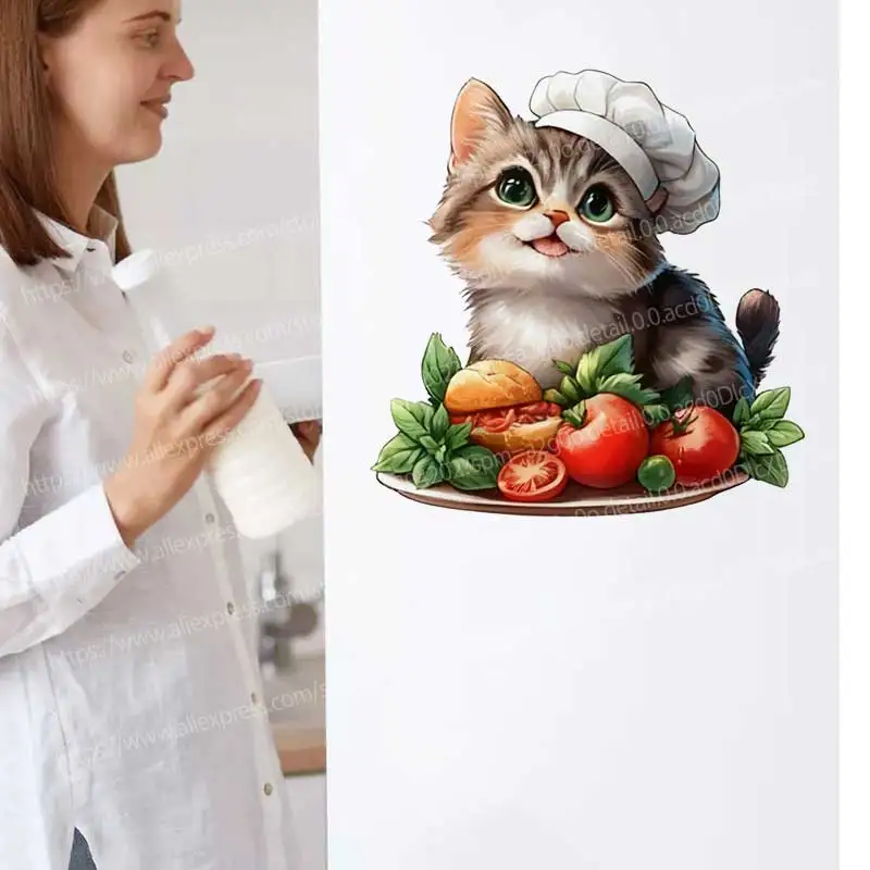 Cute Chef Cat Wall Stickers Art Decal for Kitchen Refrigerator Children's Room Home Decoration AA86