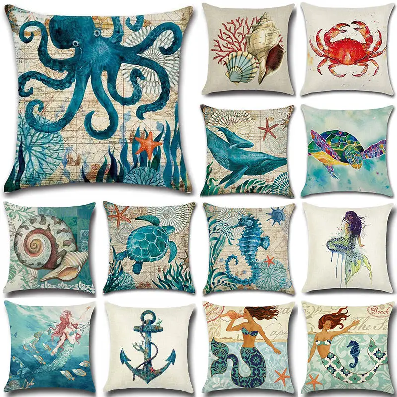 Sea Turtle Nautical Mermaid Pattern Cotton Linen Throw Pillow Cushion Cover Car Home Decoration Sofa Decorative Pillowcase 40018