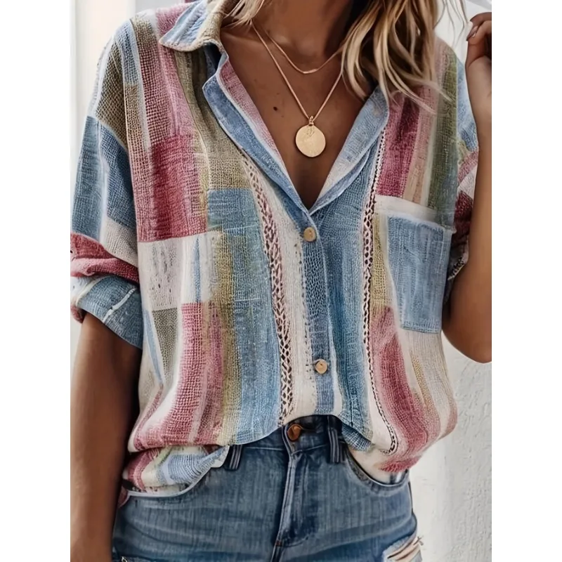 

Plus Size 1XL-5XL New Women's Fashionable Color Blocked Shirt Collar Open Collar Long Sleeved Shirt