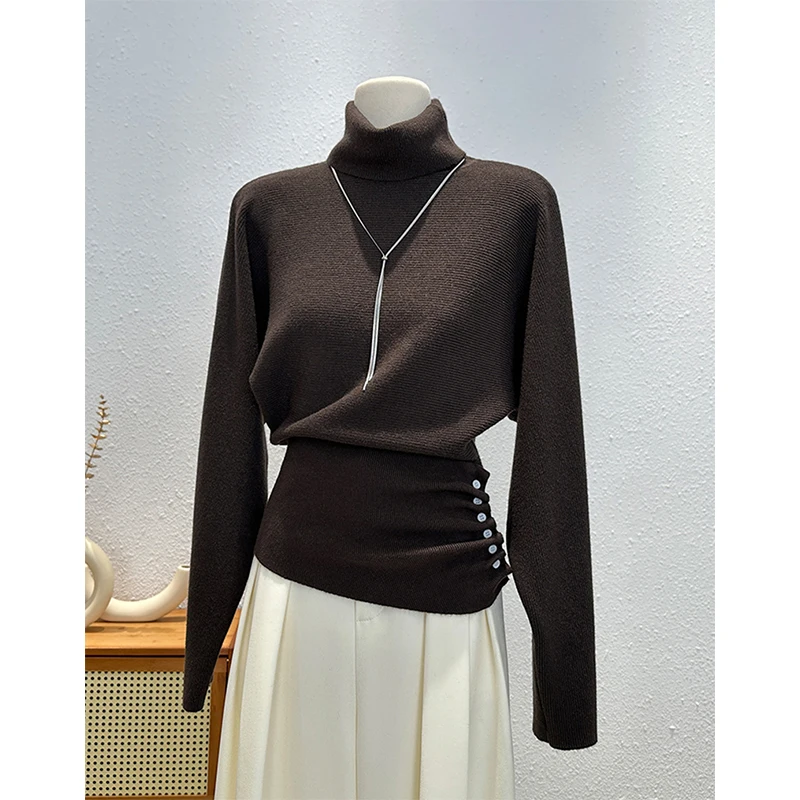 

MEXZT Turtleneck Sweater Women Fashion Black Knitted Pullovers Korean Long Sleeve Knitwears Fall Winter Buttons Design Jumpers