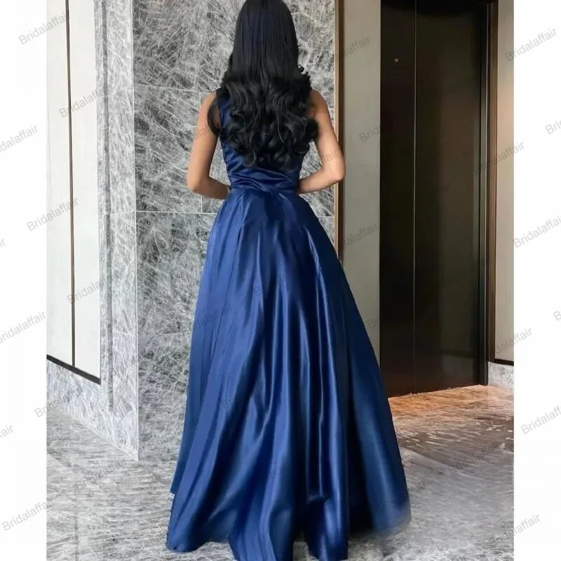 Saudi-Arabien Marineblaues A-Linie-Abendkleid aus Satin, One-Shoulder-Abschlussballkleider, Pailletten, formelle Partykleider für Damen