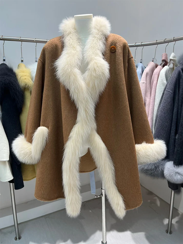 2025년 신상 겨울 따뜻한 여성용 천연 여우털 칼라 코트 재킷 울 망토 캐시미어 럭셔리 두꺼운 여성 코트