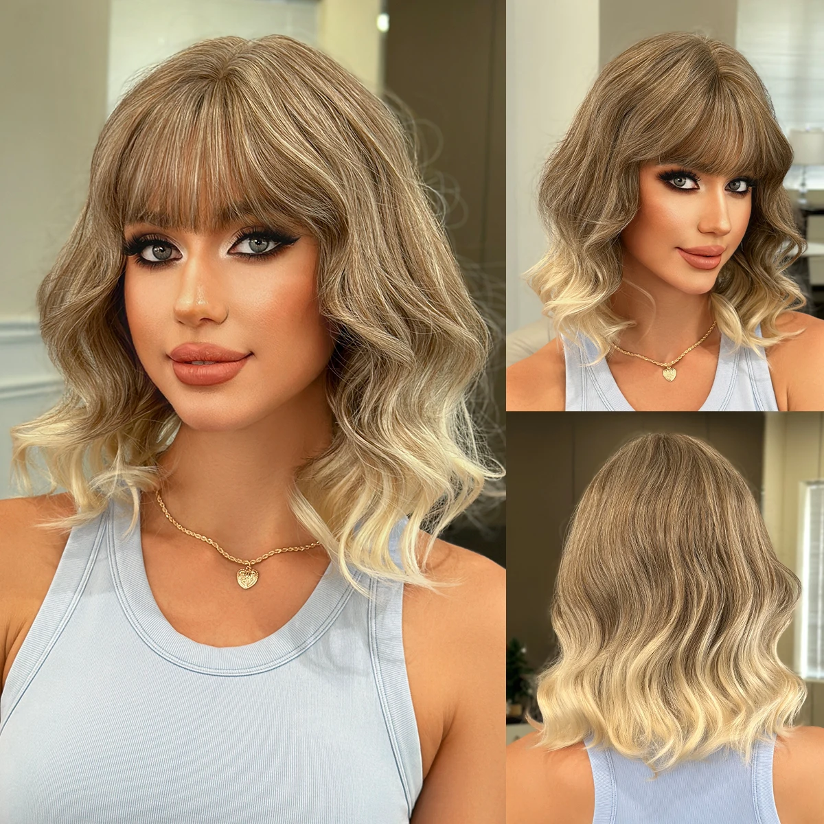 

NAMM Synthetic Short Wavy Light Brown Wig for Women High Density Layered Gradient Blonde Hair Wigs with Neat Bangs