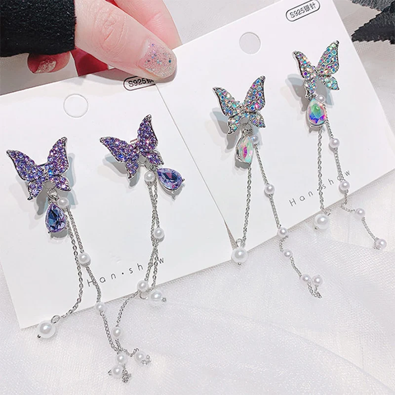 2022 new purple butterfly earrings, a two-wear super fairy long pearl tassel earrings Jewelry women for earrings