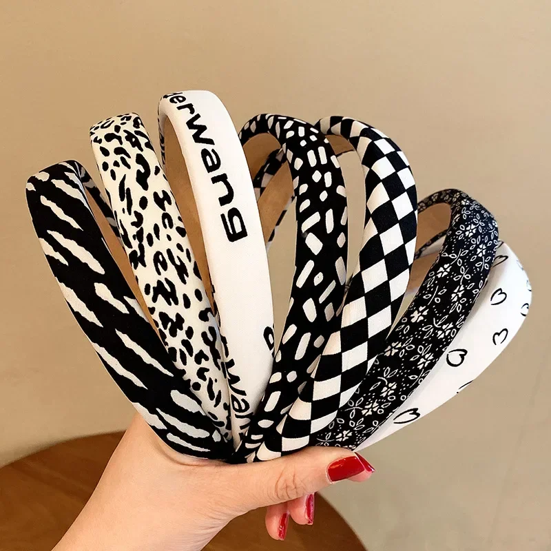 Korean Plaid Hair Bands Women Leopard Printed Hair Hoop Chequer Letter Black White Hair Holder Hairbands Vintage Headband