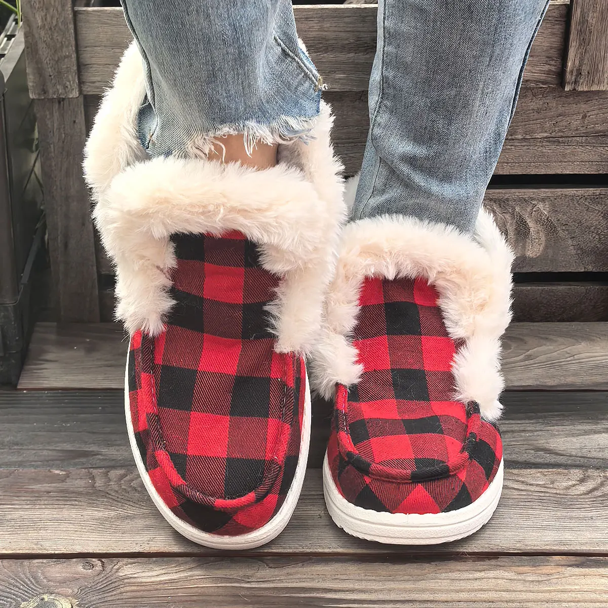 Women Red Black Plaid Furry Collar Slip On Winter Ankle Boots, Warm Plush Lining Casual Flat Snow Booties, Non-slip Lightweight Daily Walking Shoes