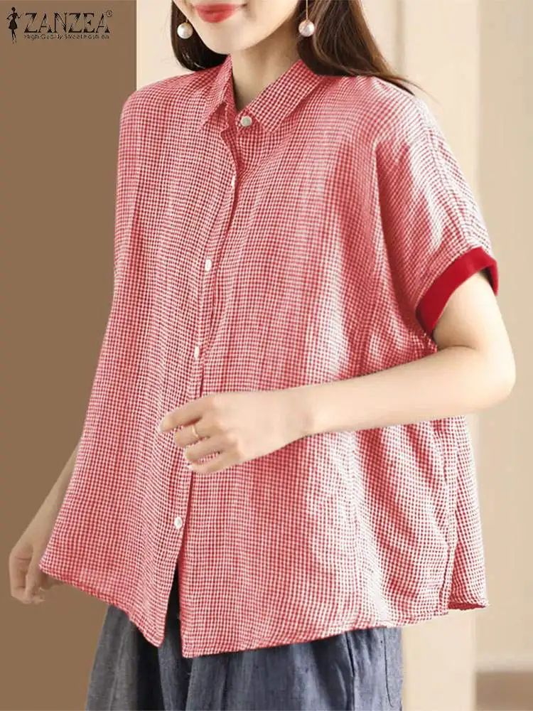 ZANZEA Koreańska moda damska Camisas Summer Checked Lapel Neck Button Up Gingham Shirts Vintage Color Block Short Sleeve Blouses