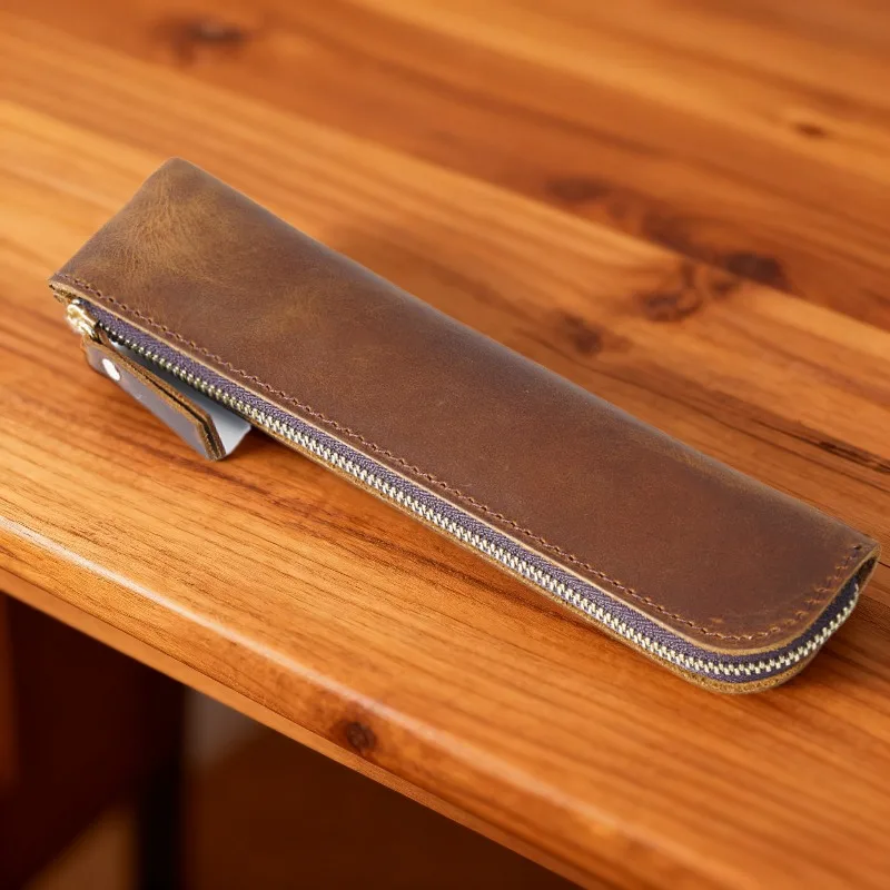 

Zipper Cowhide Pencil Case Pencil Holder High-end Pen Sleeve Pouch Handmade Leather Leather Pen Bag Stationery School