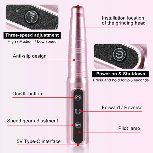 Imagen 2 del producto Taladro de uñas profesional, lima de uñas USB, pluma pulidora, taladro de uñas recargable, herramienta de salón de taladro de manicura portátil