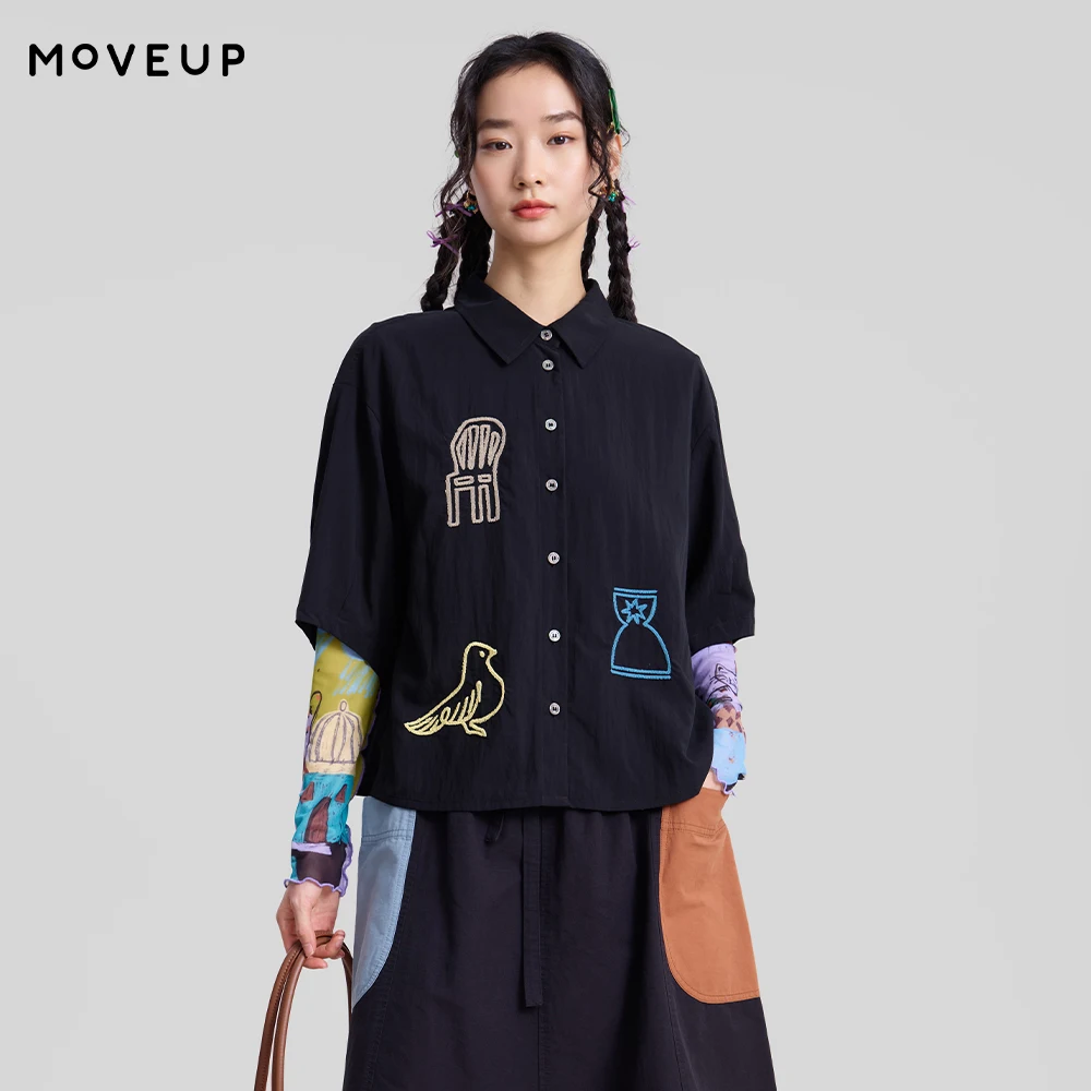 

Женская укороченная блузка MOVEUP с вышивкой и коротким рукавом, весна 2026, новая модель, с отложным воротником, для офиса и повседневной носки, легкая, 3ELC20421