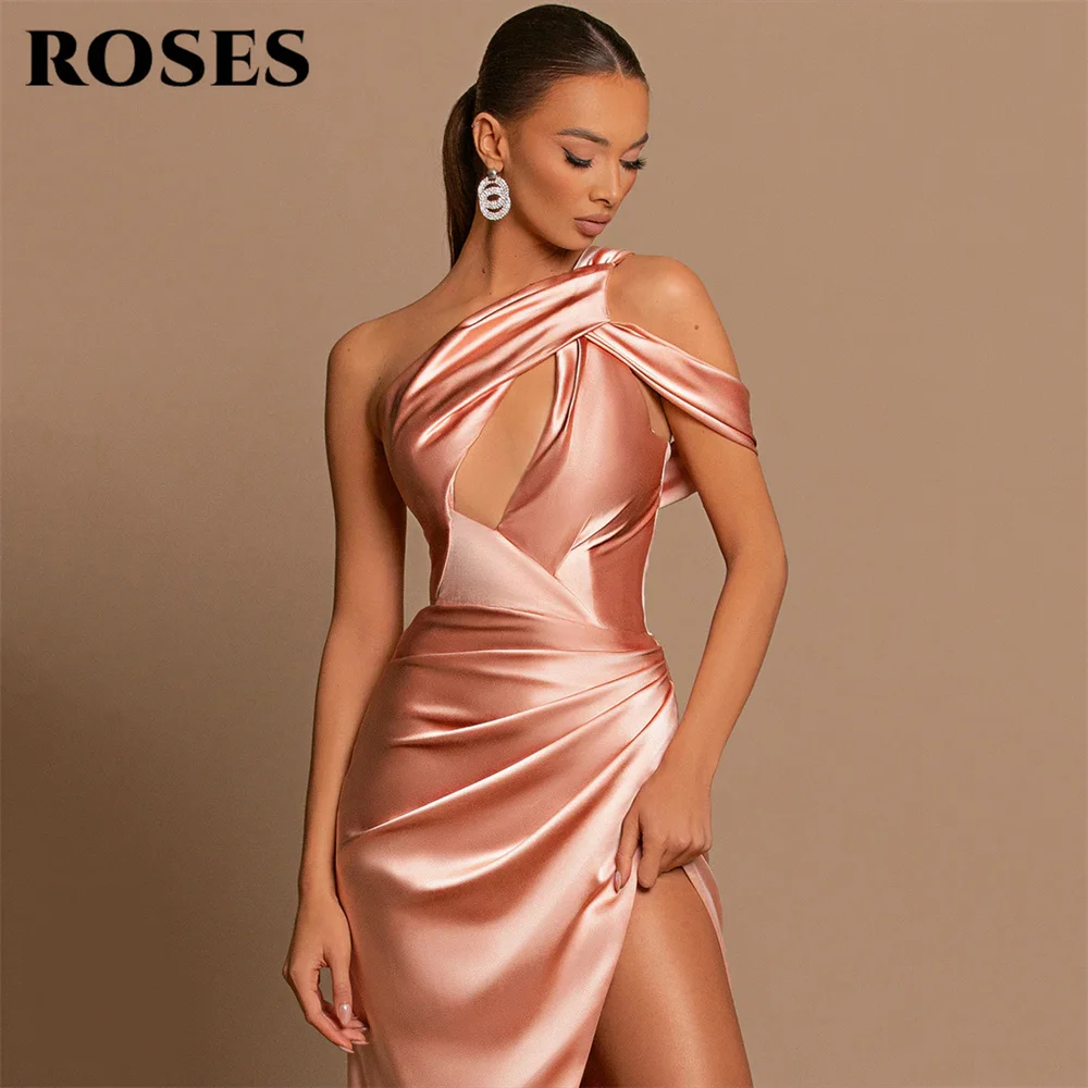 Róże niesamowita zakurzona róża suknia wieczorowa wycięta syrenka sukienka na studniówkę długość do jednego ramienia satynowa formalna sukienka z rozcięciem 프드레스