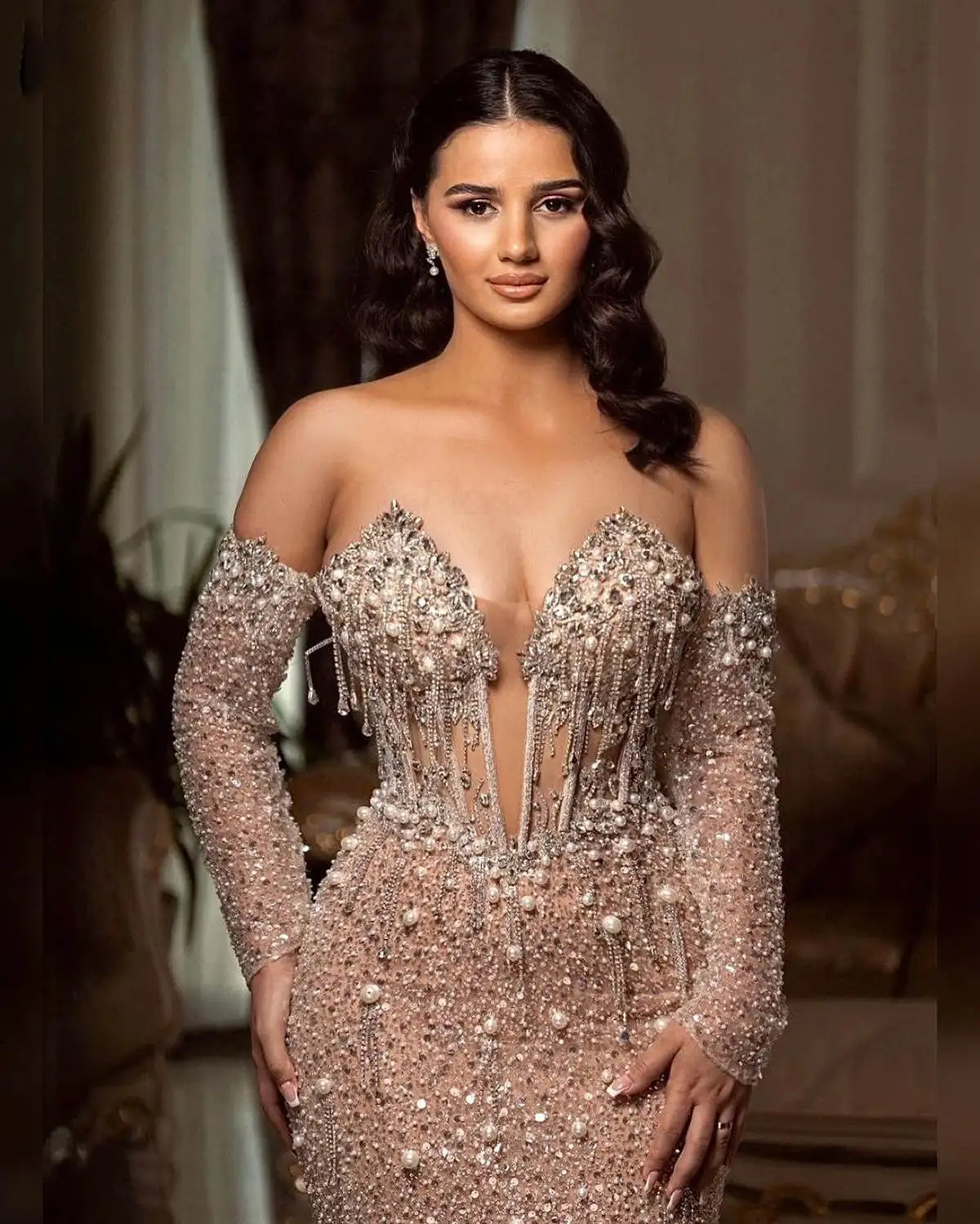 Elegant Mermaid Evening Dresses Off Shoulder Long Sleeve Beading Crystal Formal Prom Party Gowns Dresses For Special Occasions