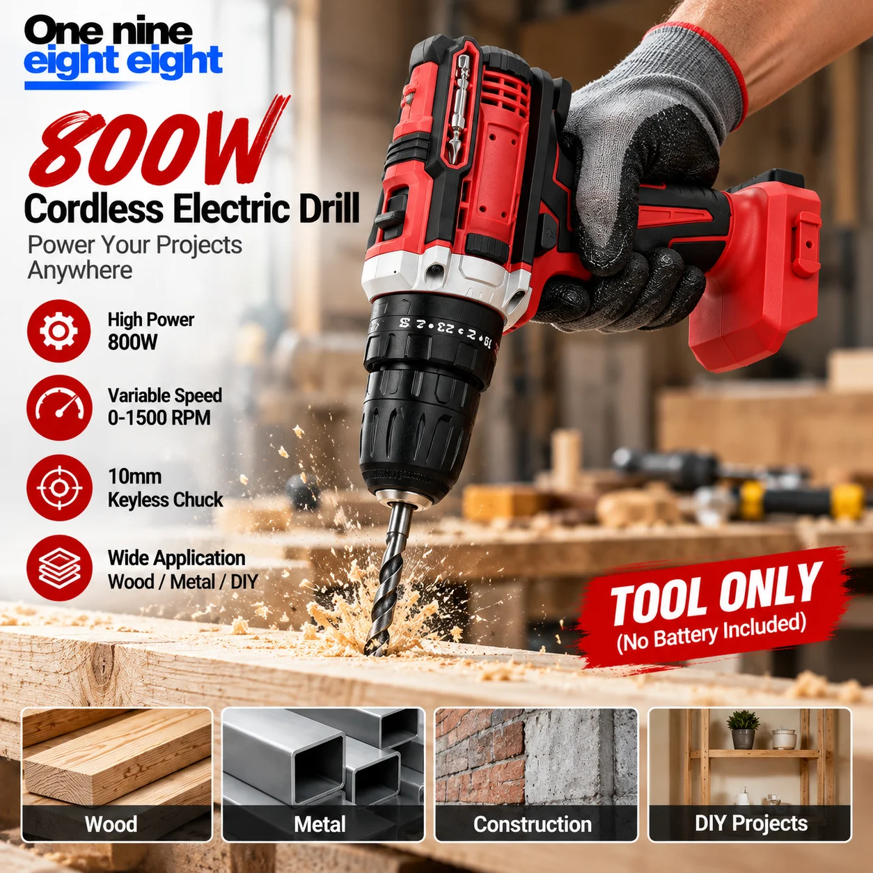 One Nine Eight Eight 800W Cordless Electric Drill Variable Speed High Power Screwdriver 10mm Chuck Tool Only for Wood Metal DIY