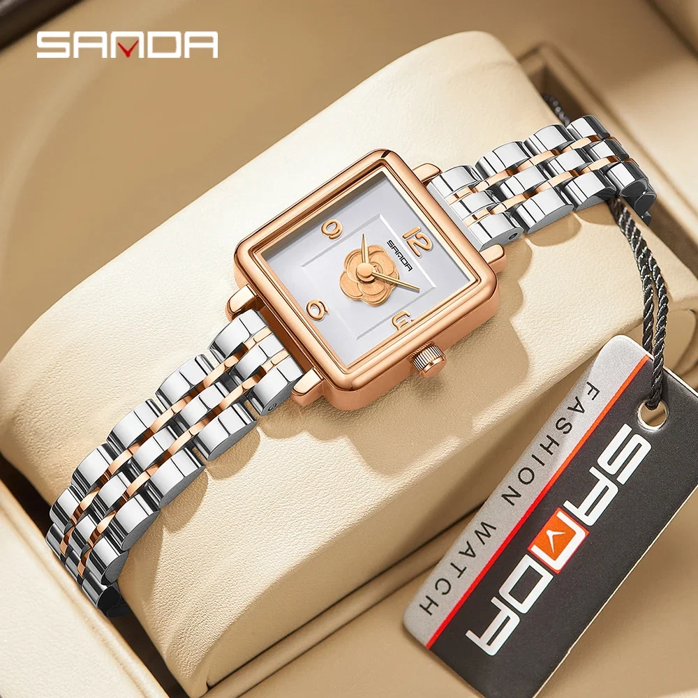 SANDA New Watch For Women Design Fashion Gold Square Dial Water Resistant Swiss Quartz Business Women Elegant Analog Wristwatch