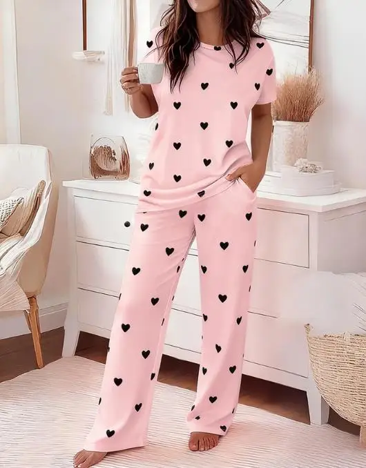 

Two Piece Set Women Outfit 2026 New Heart Print Loose Fit Round Neck Short Sleeve Top & Elastic Waist Casual Pajamas Pants Set