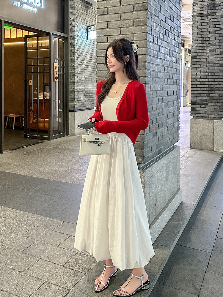 

Red Open Cardigan Strapl Dr Set Women's Faion Spring Autumn High Waist Cotton Long Sve round Ne Two-Piece Suit