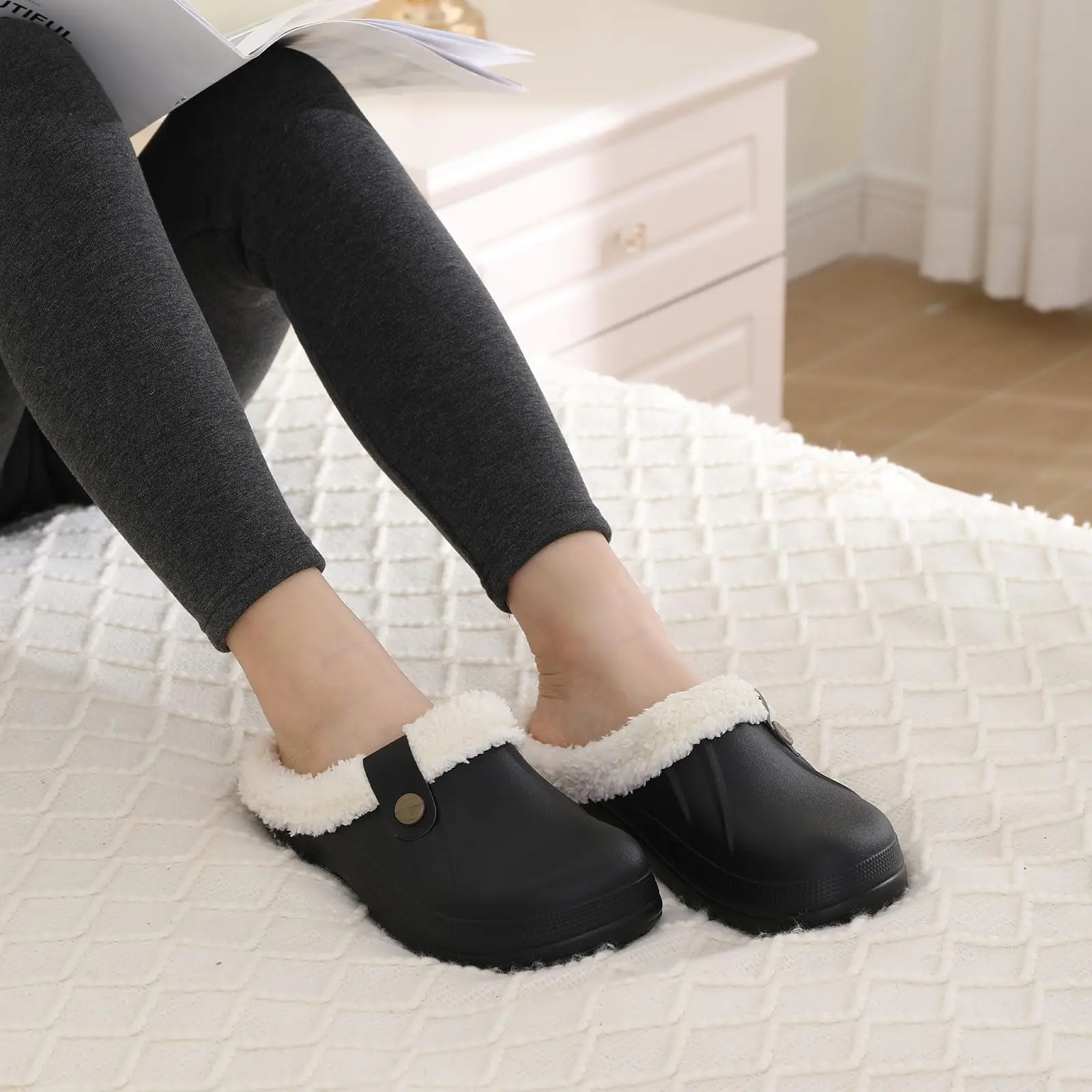 Lächeln Winter Pelz Gefüttert Clogs Frauen Fuzzy Hausschuhe Männer Warme Hausschuhe Erwachsene Outdoor Wasserdichte Hausschuhe Komfort Garten Clogs – Detail 31