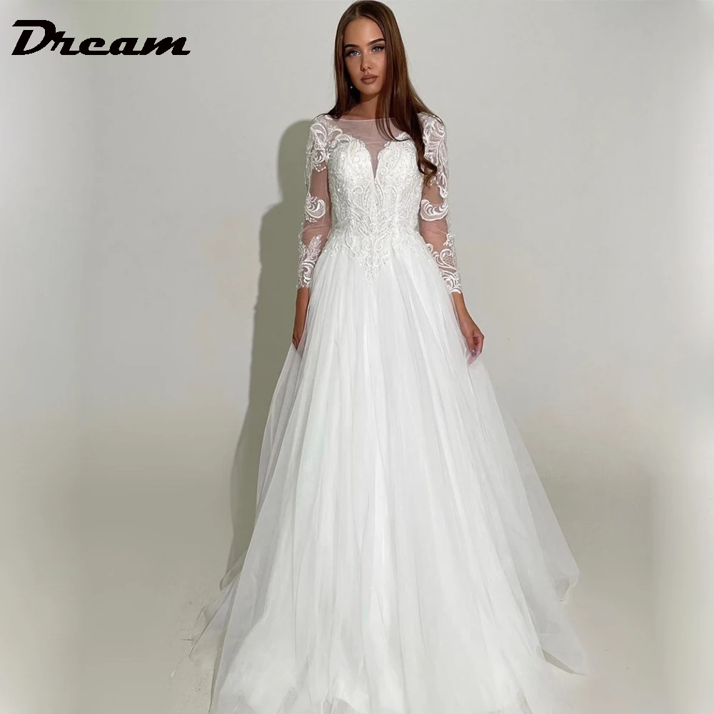 

DREAM Long Sleeves Tulle Bohemian Wedding Dress 2022 Lace Appliques A Line Boho Bridal Gowns Lace Up Back Sweep Train