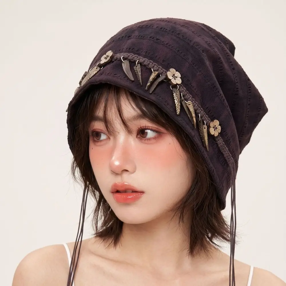 Retro Ethnic Stye Beanie Tassel Boho Slouchy Skull Cap Wood Decoration Lightweight Loose Stretch Hat Wrap Bad Hair Days