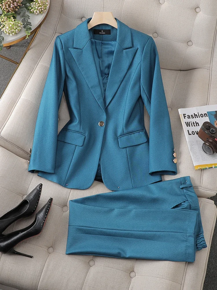 Tenue de bureau formelle pour femmes, ensemble 2 pièces, veste violette et bleue + surintendant, vêtements de travail professionnels, manteau à un bouton