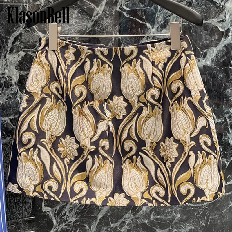 

7.30 KlasonBell Women 2024 Autumn New Tulip Pattern Jacquard Short Skirt Classic Vintage Side With Lining Shorts A-Line Skirt