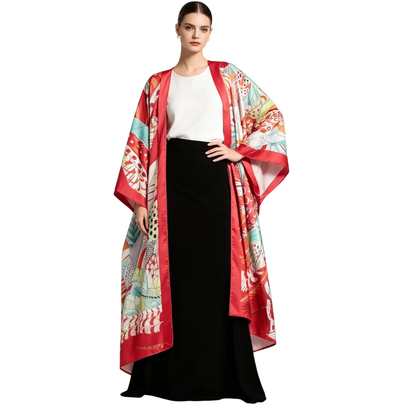 

Summer Open Front Feather Print Kimono Cardigan Satin Long Sleeve Maxi Cover Up Casual Loose Outerwear Bohemian Beach Robe Coat