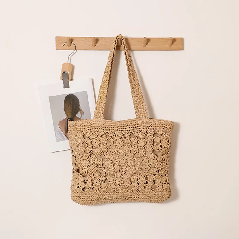 

Handmade Crocheted Flower Single Shoulder Grass Woven Bag New Casual Hollow Out Woven Bag Women's Seaside Vacation Beach Bag