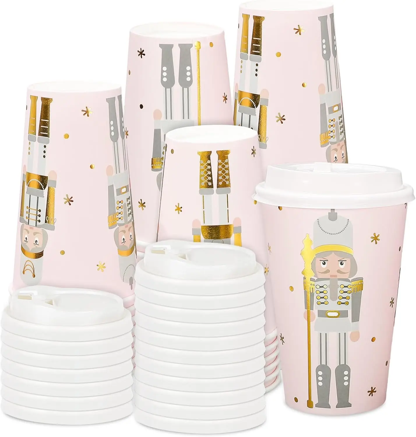 

50 шт. рождественские кофейные чашки с крышками, 16 унций, золотая фольга, розовый Щелкунчик, бумажные стаканчики, одноразовые кофейные чашки на зиму