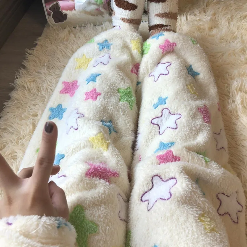 Y2k Colorful Star Pajamas Set Women Long Sleepwear Female Cute Winter Flannel Plush Thick Zipper Pijama Outerwear Home Clothes