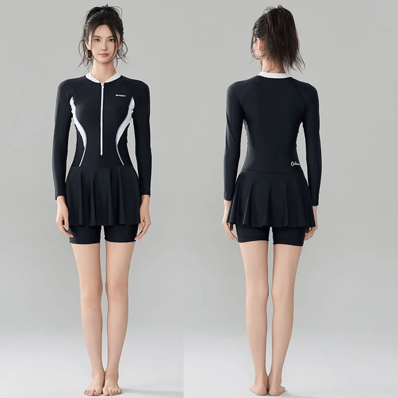 

Women's One Piece Rash Guard Long Sleeve Modest Swimsuits Dress Zipper Bathing Suit Swimskirt with Boyshorts Sunsuit Beachwear