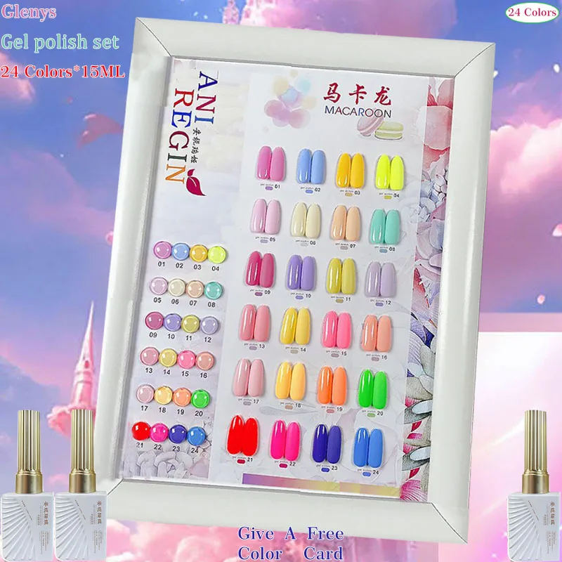 

Glenys 24 color fluorescent nail polish glue popular semi permanent immersion gel color matching card UV LED art varnish set