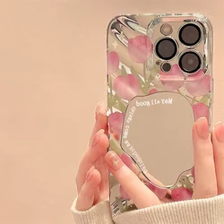 Pink Tulip Flower Phone Case For iPhone 11 Case iPhone 16 13 12 14 15 17 Pro Max Plating Make Up Mirror Wavy Shockproof Cover