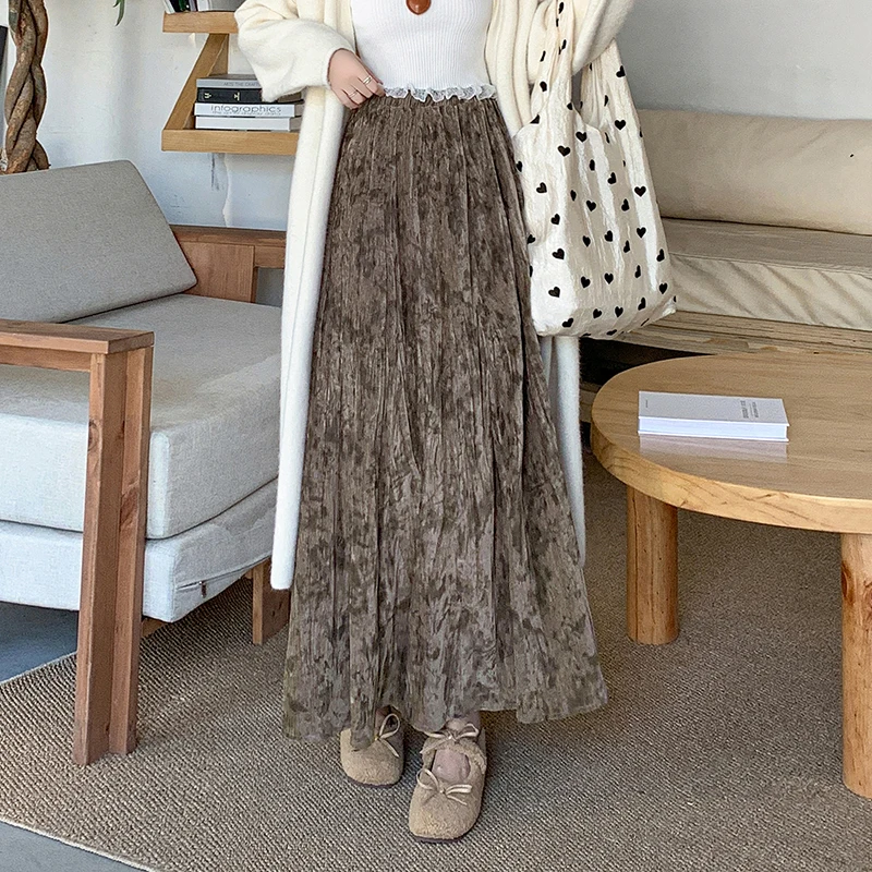 Seoulish Herbst Winter Woolen frauen Regenschirm Lange Röcke 2025, Neue Lose Vintage Floral Gedruckt Plissee A-linie Röcke Weibliche