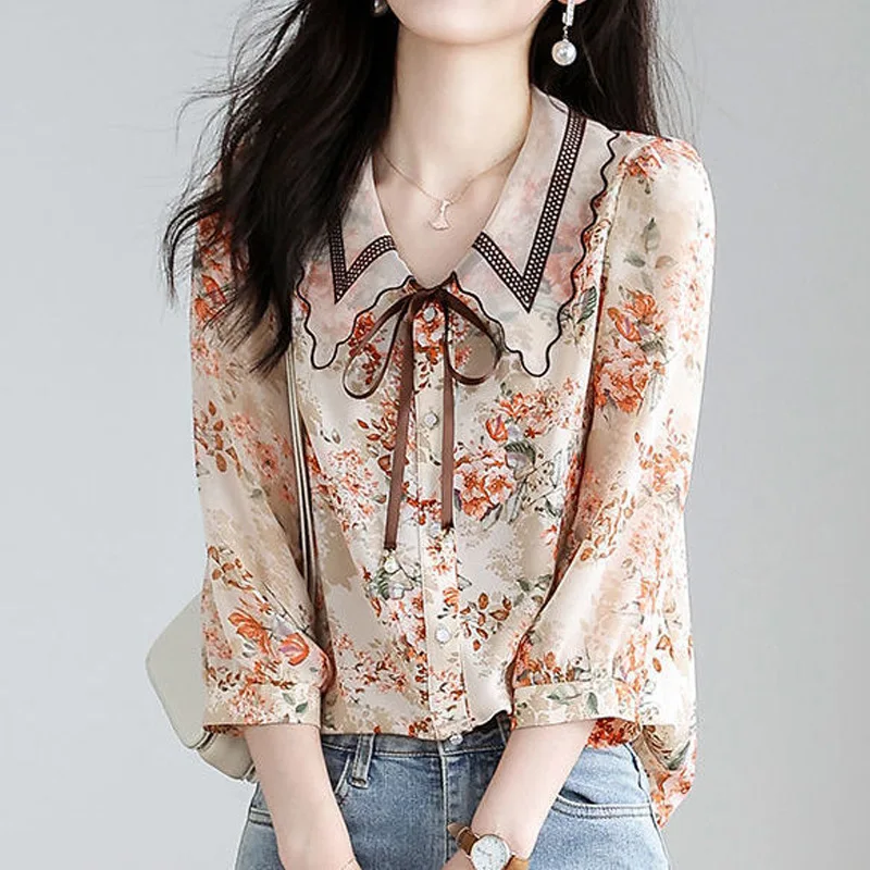 Elegant Floral Loose Blouse Spring Summer New Lacing Patchwork Printing Fashion Shirt Tops Temperament Office Women Clothing