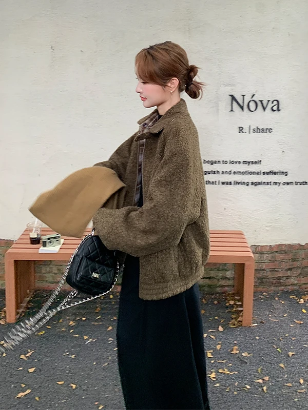 Damski płaszcz wełniany w kratę, ocieplany, jesienno-zimowy, nowy, do pracy, prosty krój, wersja koreańska, Jaet