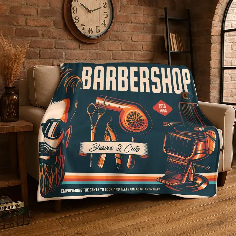 Retro Barber Shop Fashion Sign Flannel Blanket Soft Warm Throw Blanket for Bedroom Living Room Bed Travel Camping Picnic Cover