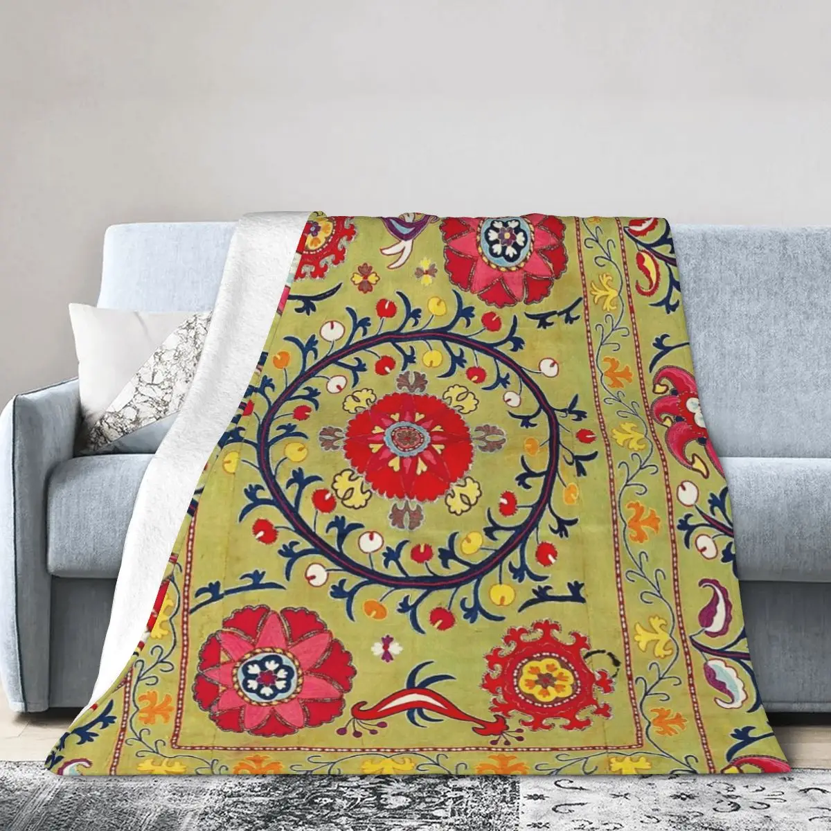 Lakai Suzani Uzbekistan Floral Embroidery Print Blanket Flannel Throw Blanket Bedspread for Bed Living room Picnic Travel Home