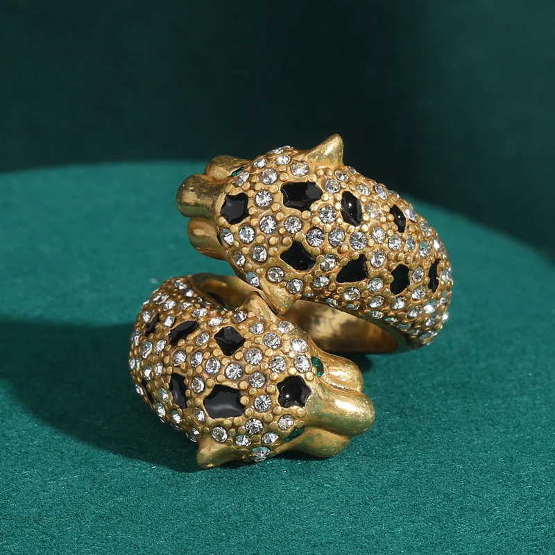 Vintage Green Eye Two Leopard Head Rings Black White Rhinestones for Women Open Antique Jewelry Luxury Gold Color Animal Retro