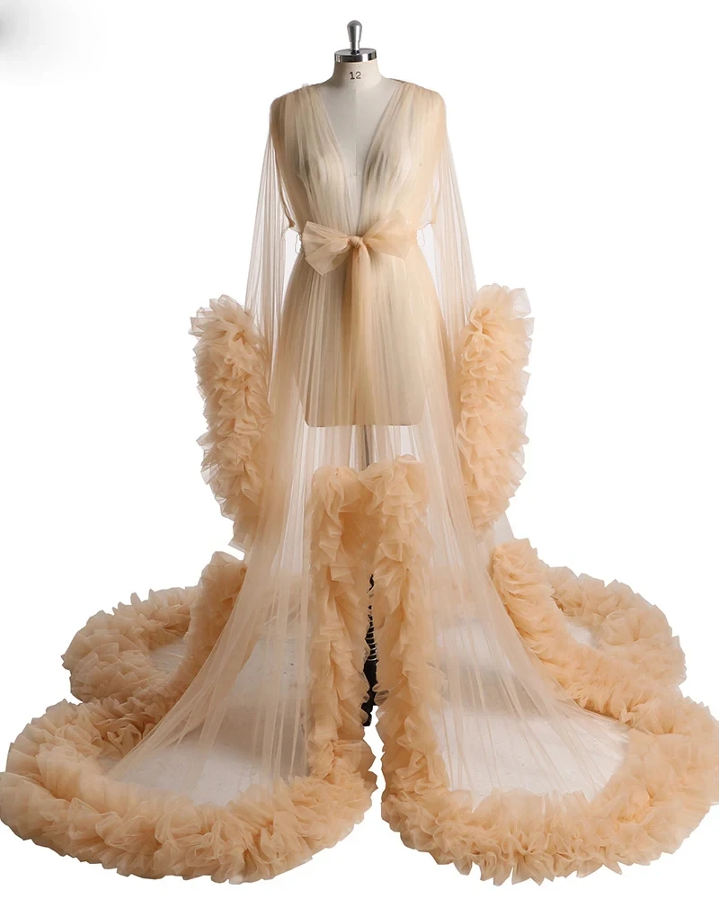 Super Wedding Shawl Fluffy Tulle Maternity Dress for Photo Shoot Tiered Pregnant Sexy Woman Bathrobe Long Sleeves Party Robes