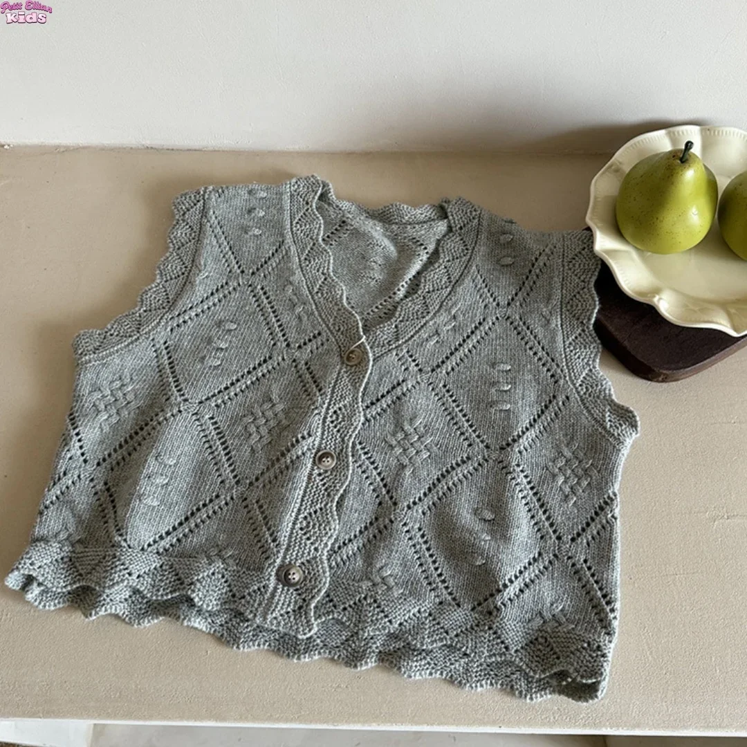 

Toddler Kids Knitted Flower Pattern Vest 2-8Y Korean Children's Clothes 2025 Diamond Knit Sleeveless Cardigan for Girls Boys