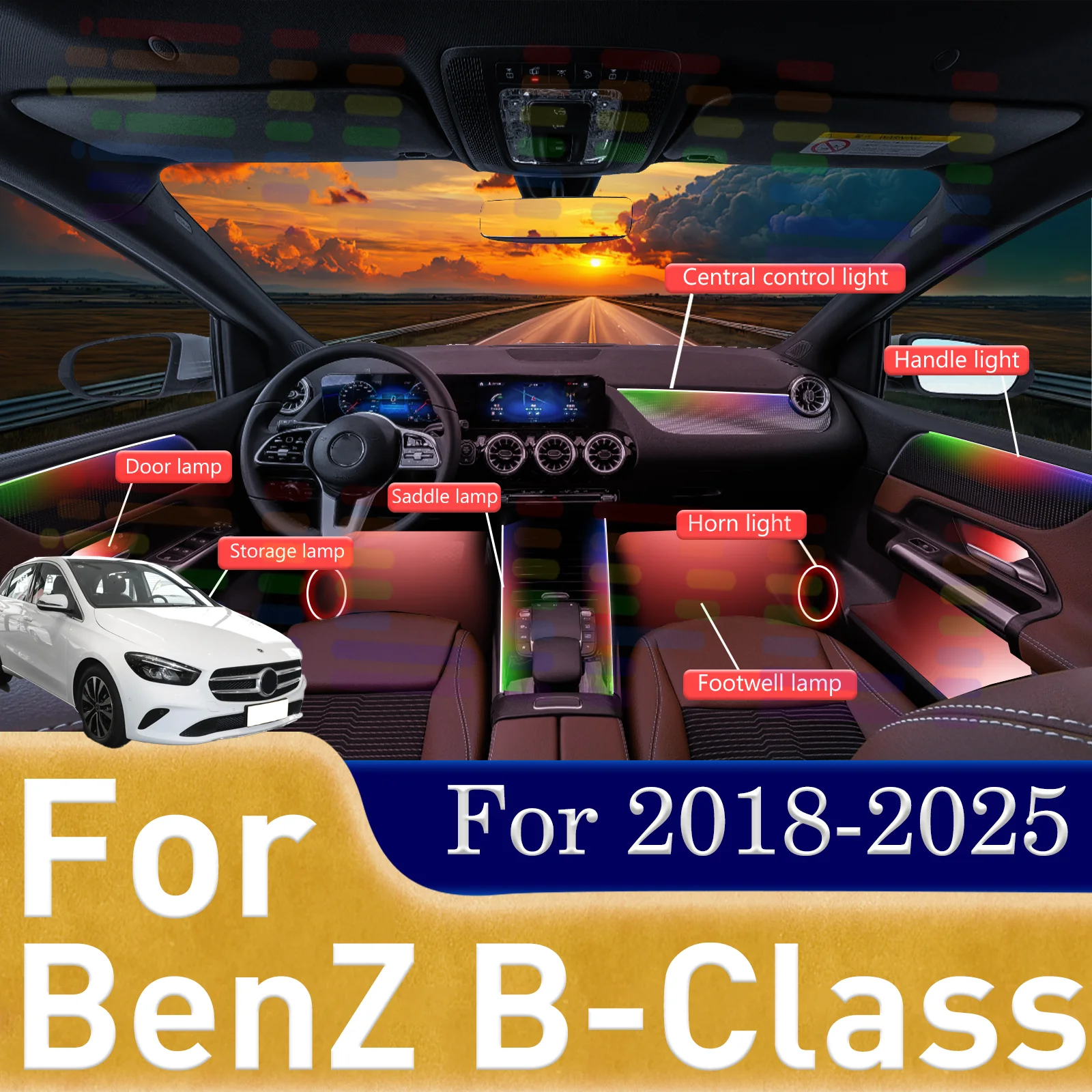

Для BenZ B-Class 64-цветная RGB симфоническая автомобильная лента для окружающего освещения с управлением через приложение, внутренняя акриловая направляющая, светодиодная атмосферная лампа