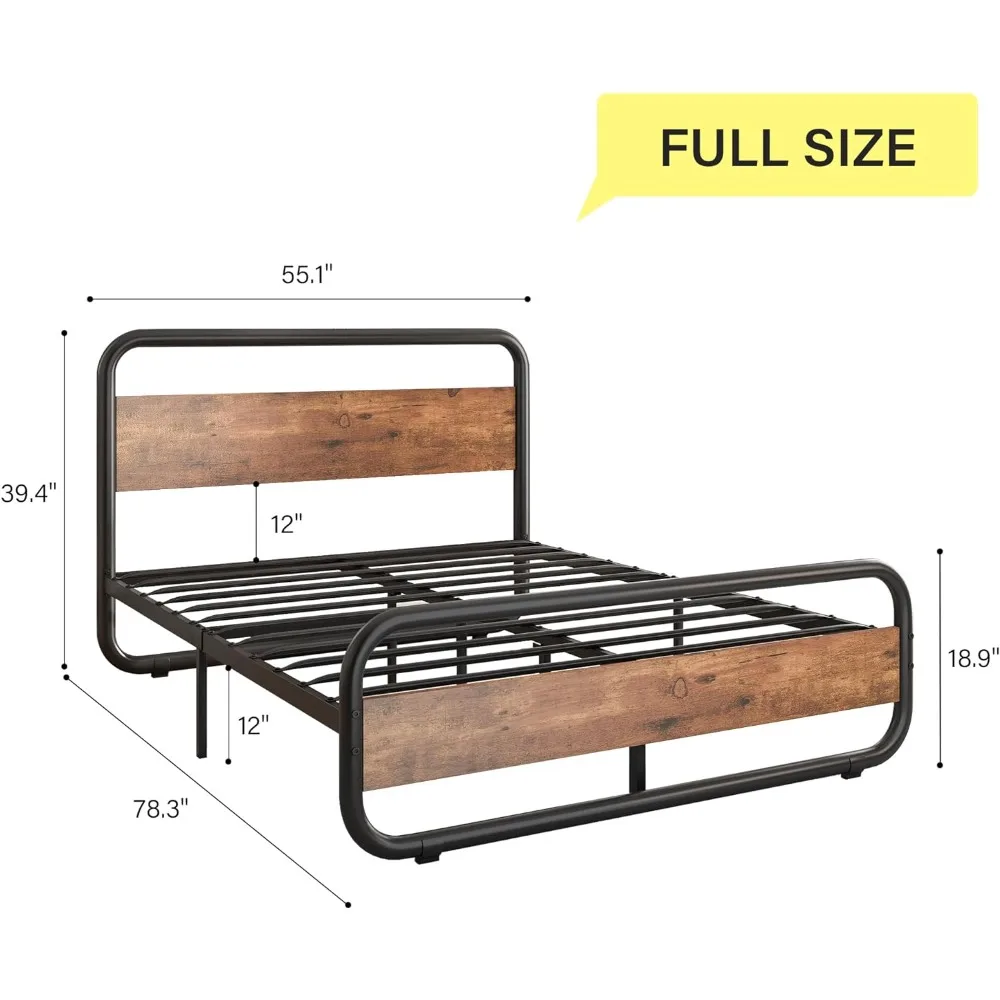 Marco de cama de tamaño completo, marco de cama completo de Metal con cabecero LED y reposapiés, plataforma de madera resistente Industrial rústica