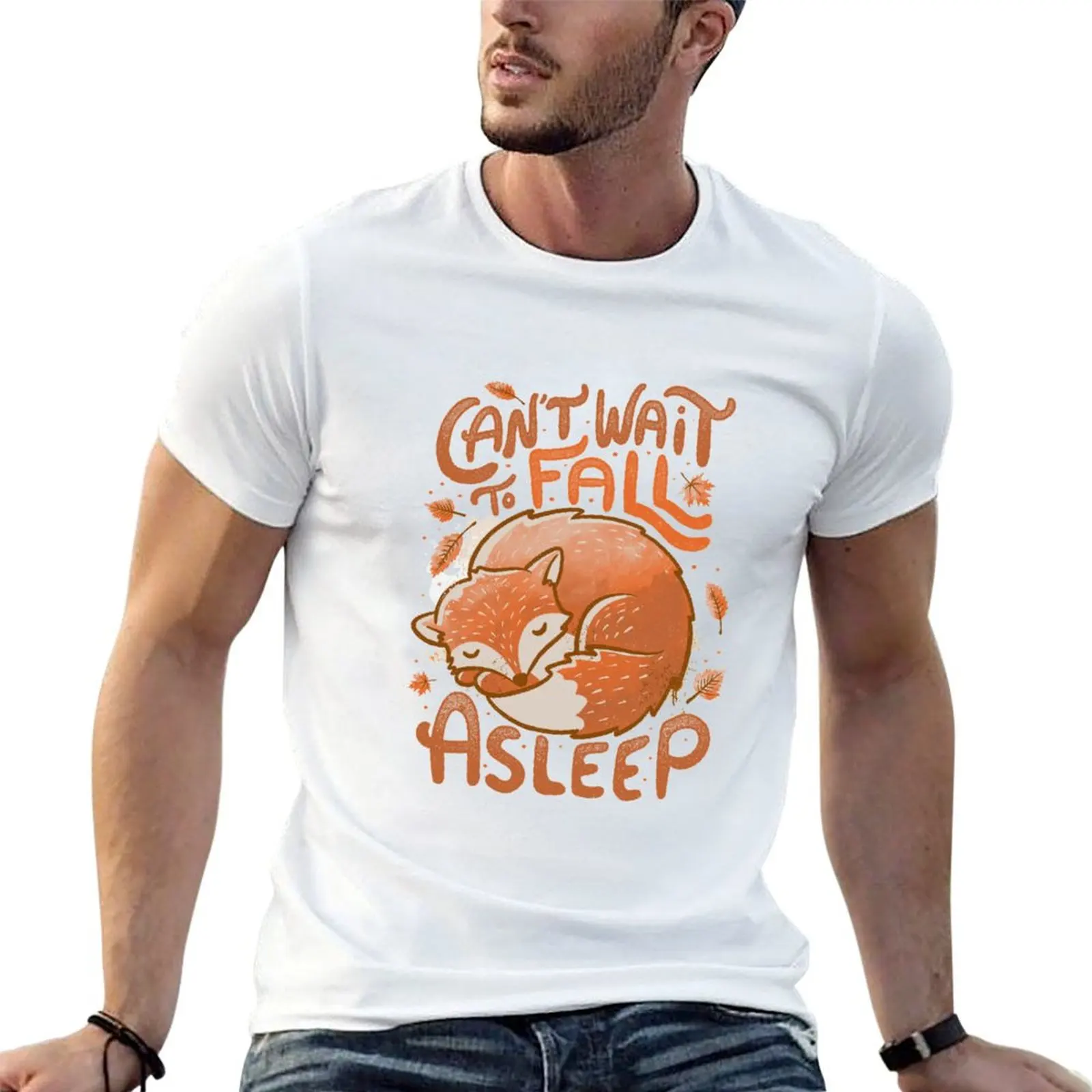 

anime tees man Can’t to man graphic Fox Cute Asleep t T-Shirt for shirts for Funny t Autumn shirts Wait Fall